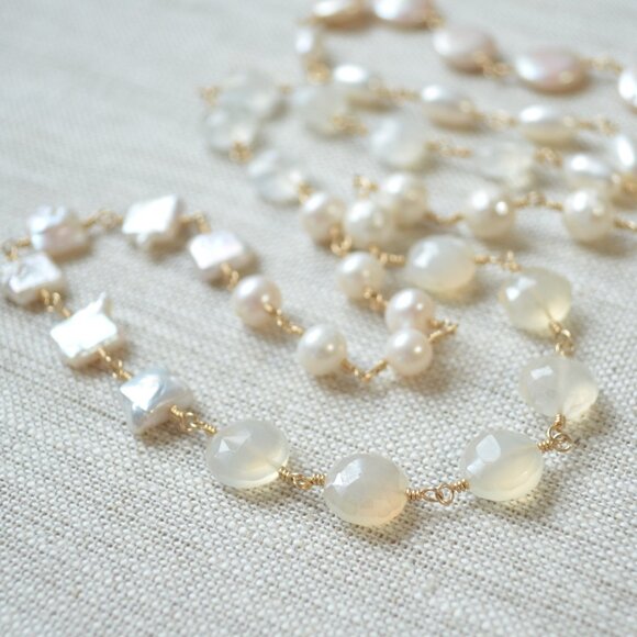 Long White Gemstone and Pearl Necklace in Gold - Picture 2 of 10